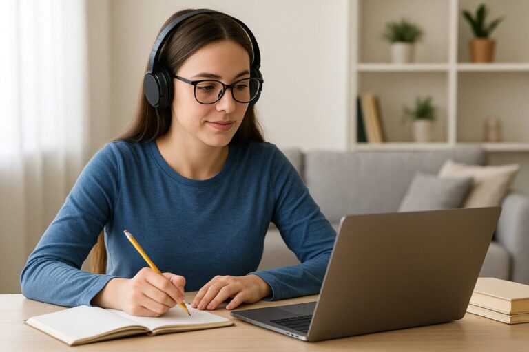 Estudante jovem com fones de ouvido assistindo aula online e fazendo anotações em casa.