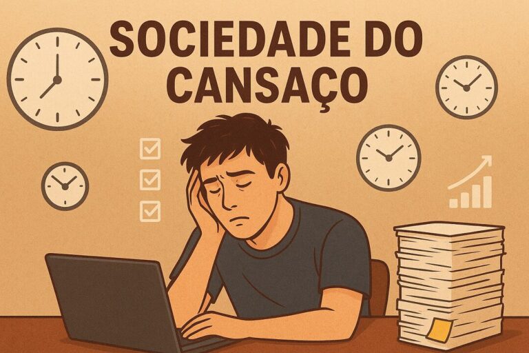 Ilustração de uma pessoa exausta em frente a um computador, cercada por relógios e pilhas de papel, simbolizando o cansaço e a sobrecarga da sociedade moderna.